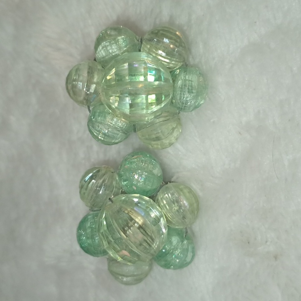Vintage Stamped Japan Green Plastic Beads Cluster Clip On Earrings